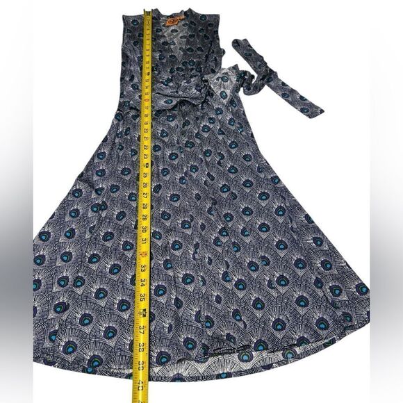 Tory Burch 100% Silk Sleeveless Knee Length Wrap Dress Vneck Peacock feather - Picture 12 of 13